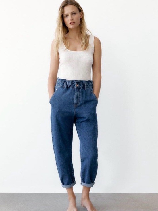 Zara Denim - ZARA | Dark Blue Paperbag Cropped Jeans